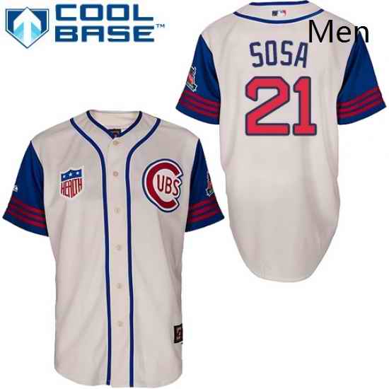 Mens Majestic Chicago Cubs 21 Sammy Sosa Authentic CreamBlue 1942 Turn Back The Clock MLB Jersey